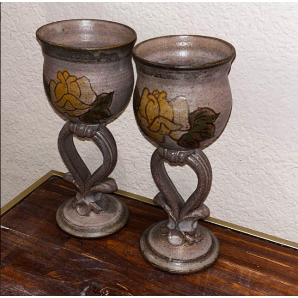 Vintage Hand Decorated Studio Art Pottery‎ Chalice Goblets by LaPointe